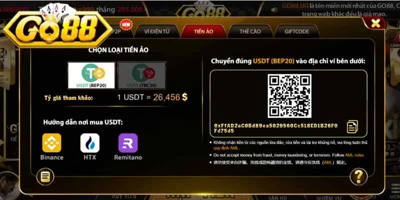 Thao tác cần thực hiện mỗi khi nạp tiền Go88